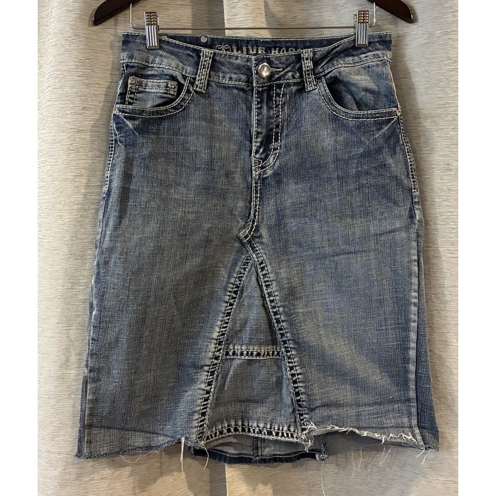 Y2K Live Hard Denim Midi‎ Skirt Embellished Flap Pockets Rhinestone Size 10
